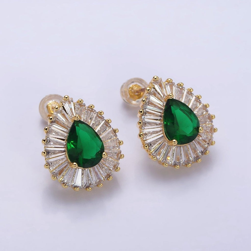 16K Gold plated Green Teardrop CZ Baguette Stud Earrings in Gold & Silver | AD1084 AD1085