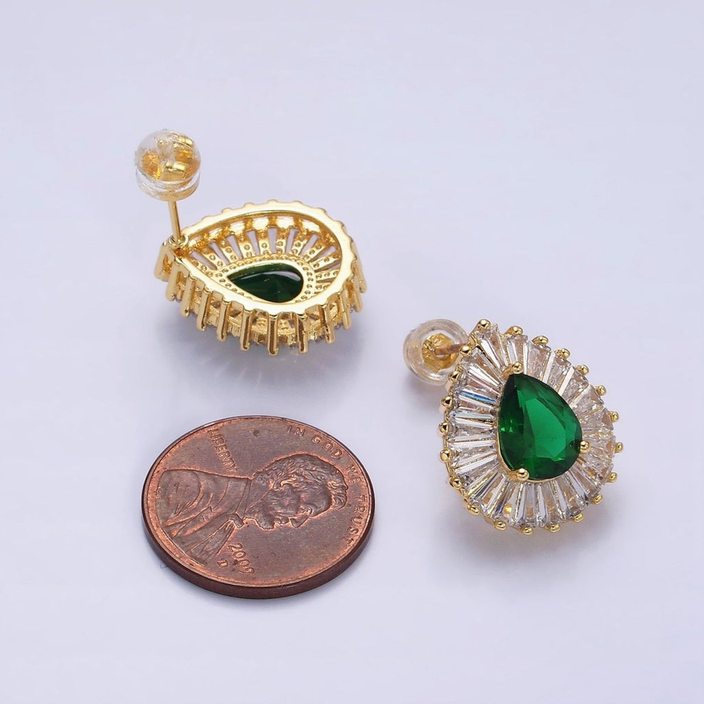 16K Gold plated Green Teardrop CZ Baguette Stud Earrings in Gold & Silver | AD1084 AD1085