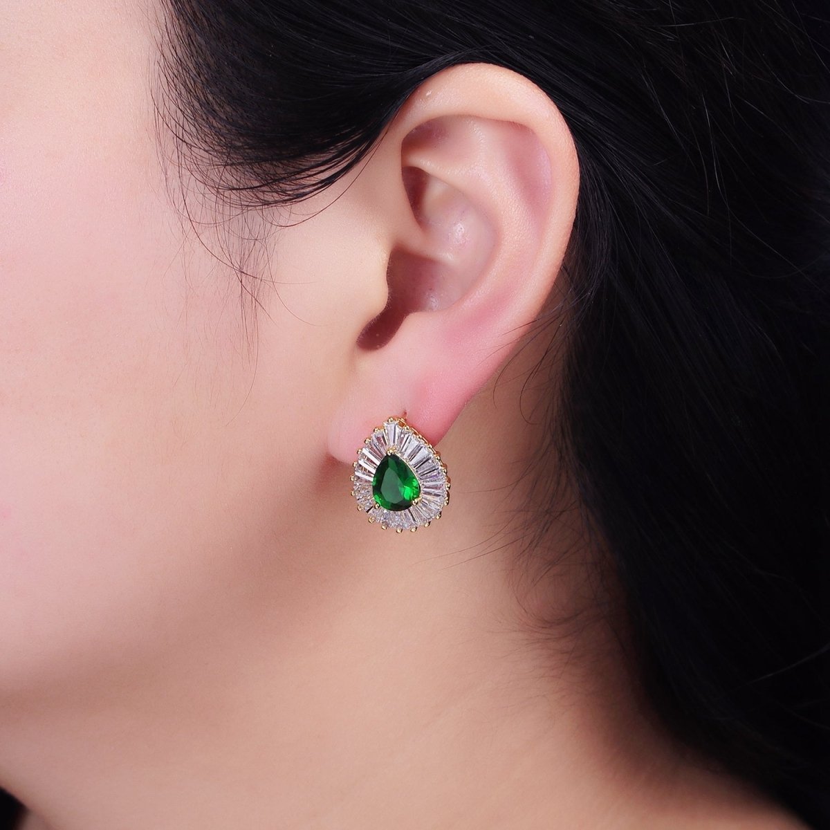 16K Gold plated Green Teardrop CZ Baguette Stud Earrings in Gold & Silver | AD1084 AD1085