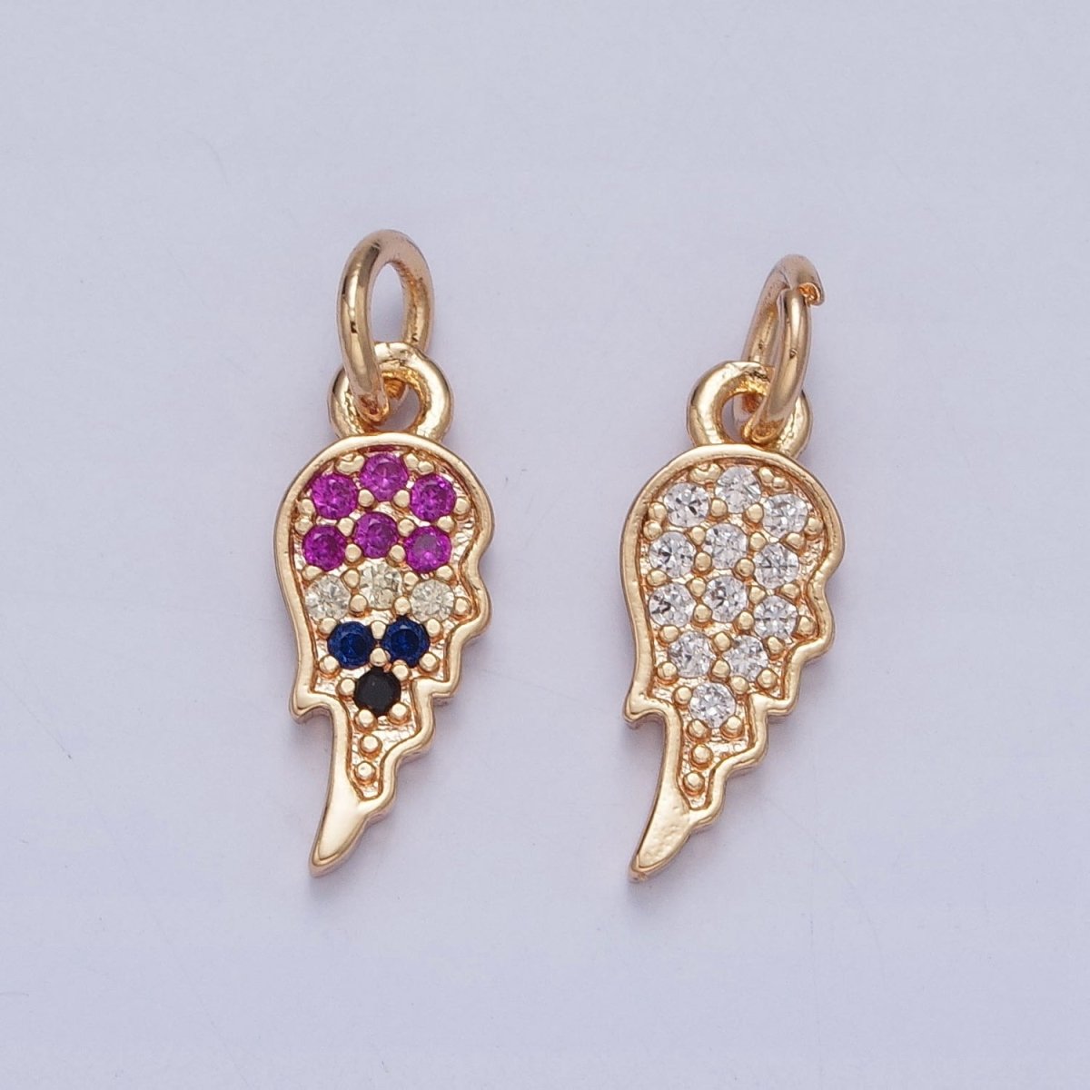 16K Gold plated Half Angel Wings Micro Paved Multicolor/Clear Cubic Zirconia Matching Charms | X-245 X-246