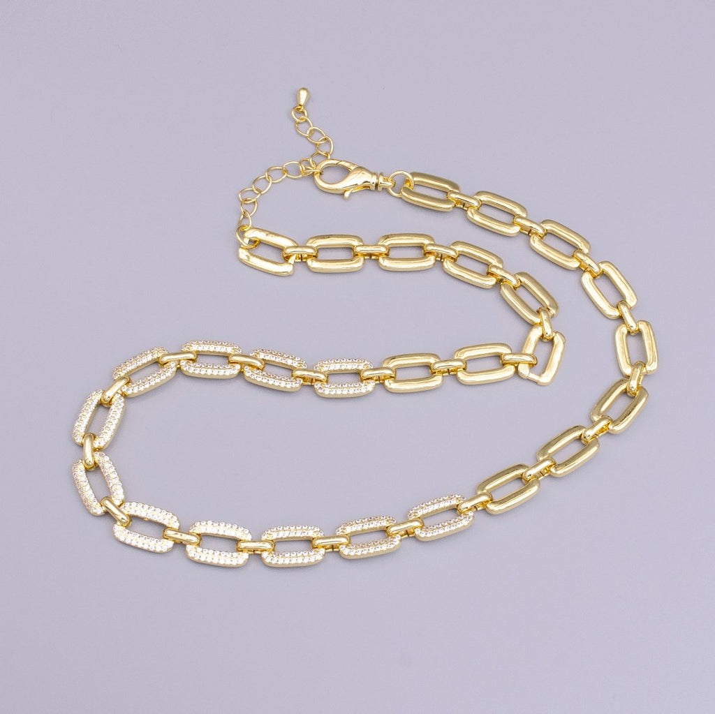 16K Gold plated Half Micro Paved CZ Unique Paperclip 17 Inch Chain Necklace in Gold & Silver | WA-1892 WA-1893 Clearance Pricing