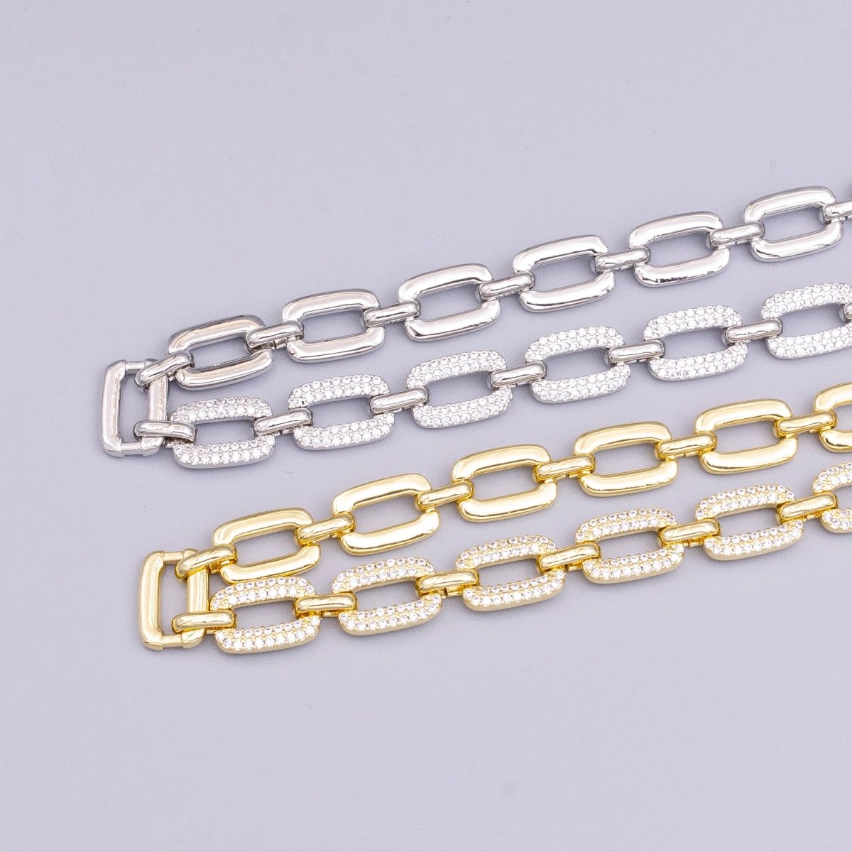 16K Gold plated Half Micro Paved CZ Unique Paperclip 17 Inch Chain Necklace in Gold & Silver | WA-1892 WA-1893 Clearance Pricing