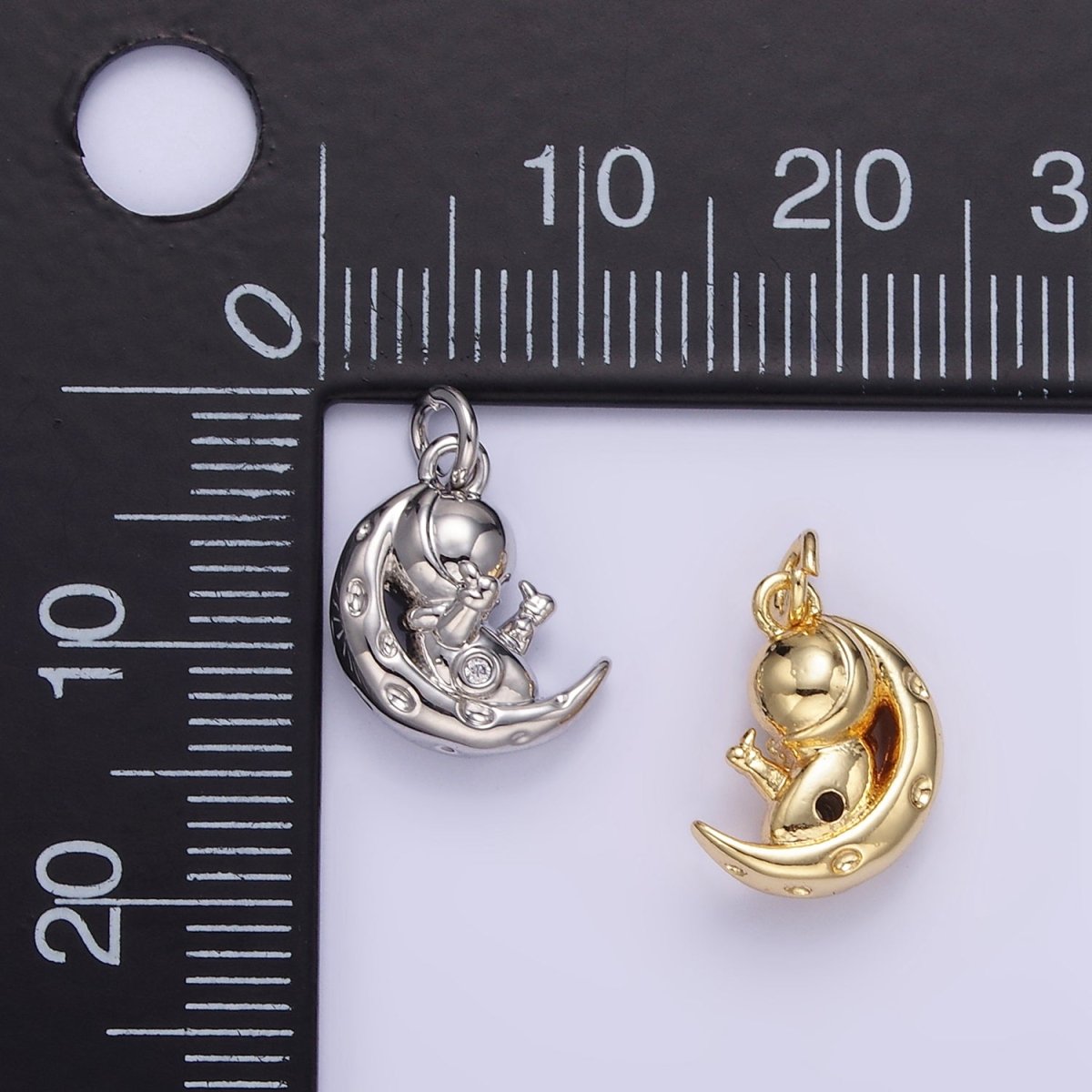 16K Gold plated Hammered Celestial Crescent Moon Space Man Charm in Gold & Silver | E389