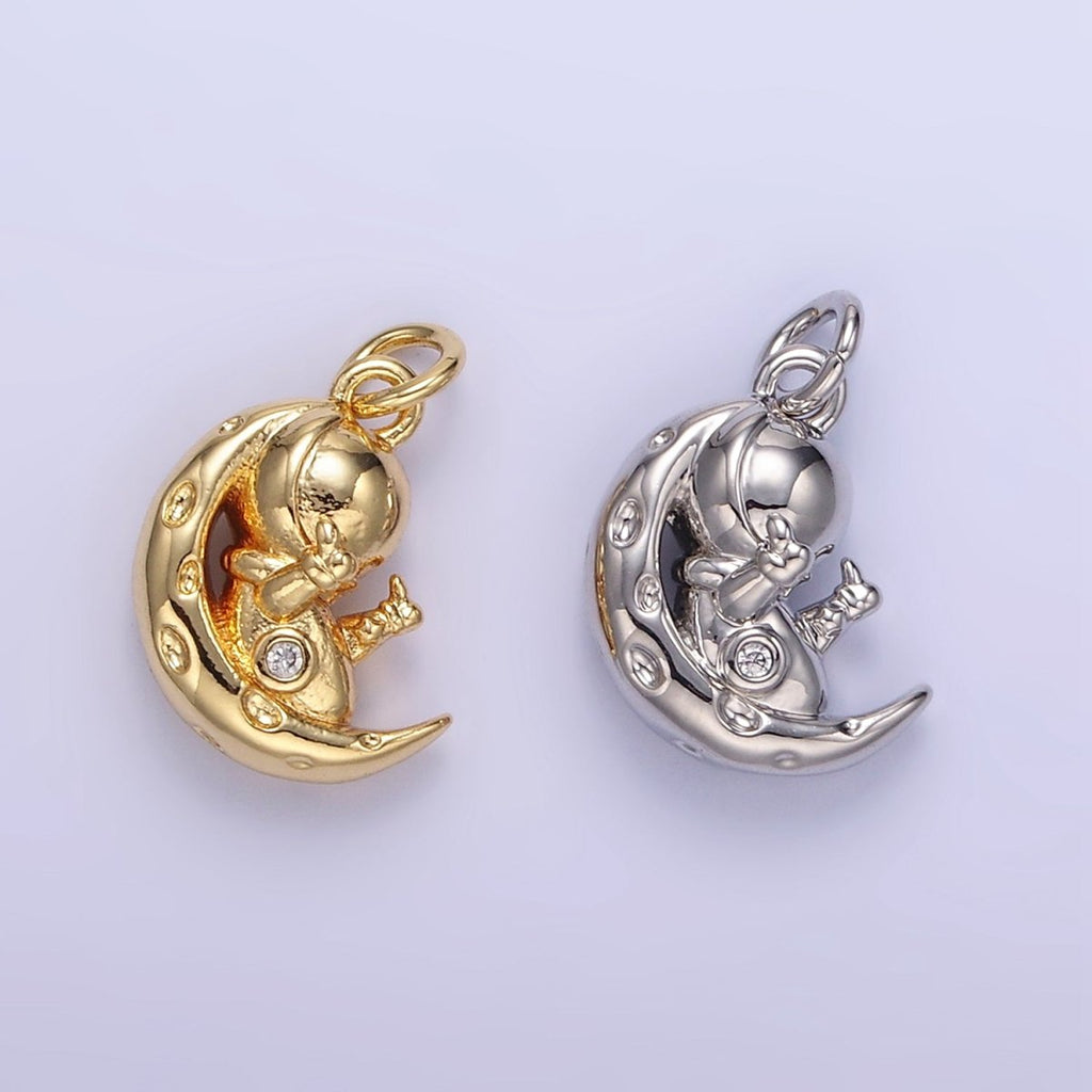 16K Gold plated Hammered Celestial Crescent Moon Space Man Charm in Gold & Silver | E389