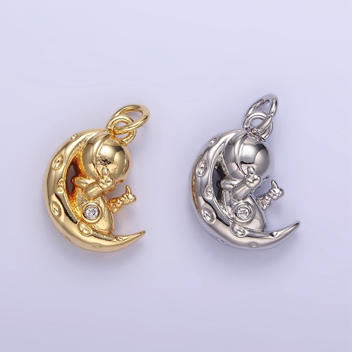 16K Gold plated Hammered Celestial Crescent Moon Space Man Charm in Gold & Silver | E389