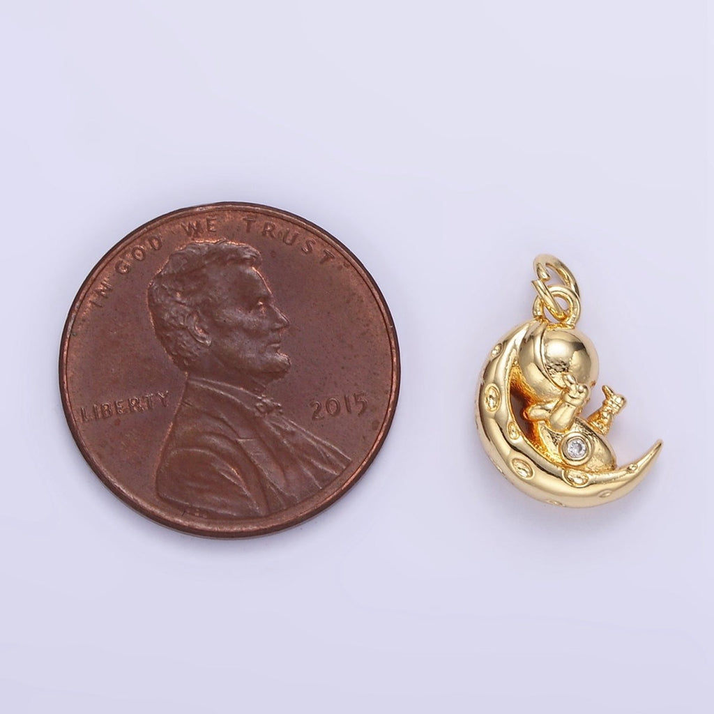 16K Gold plated Hammered Celestial Crescent Moon Space Man Charm in Gold & Silver | E389