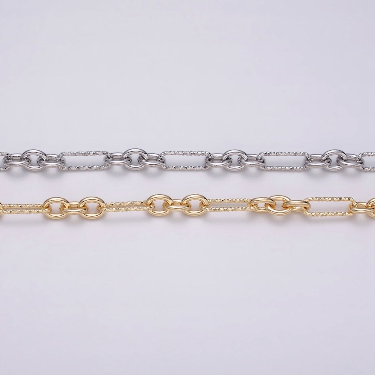 16K Gold plated Hammered Figaro Long and Short Fancy Unfinished Chain by Yard in Gold & Silver | ROLL-1217 ROLL-1218 Clearance Pricing - DLUXCA