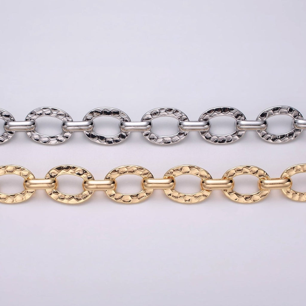 16K Gold plated Hammered Oval Cable Chain Chain, Silver Unique Chain by Yard for Jewelry Making Supply | ROLL-1257 1258 Clearance Pricing - DLUXCA