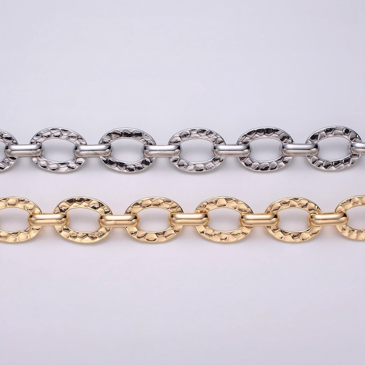 16K Gold plated Hammered Oval Cable Chain Chain, Silver Unique Chain by Yard for Jewelry Making Supply | ROLL-1257 1258 Clearance Pricing - DLUXCA