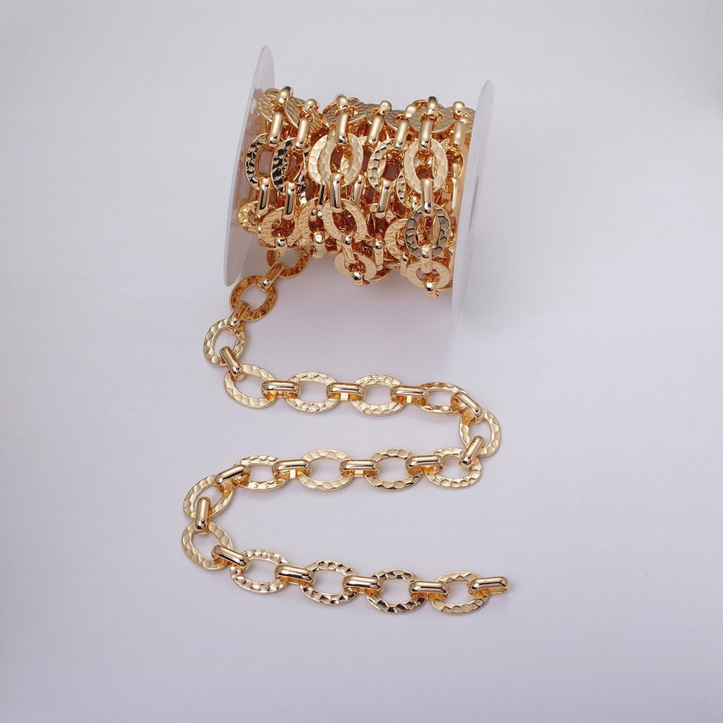 16K Gold plated Hammered Oval Cable Chain Chain, Silver Unique Chain by Yard for Jewelry Making Supply | ROLL-1257 1258 Clearance Pricing - DLUXCA