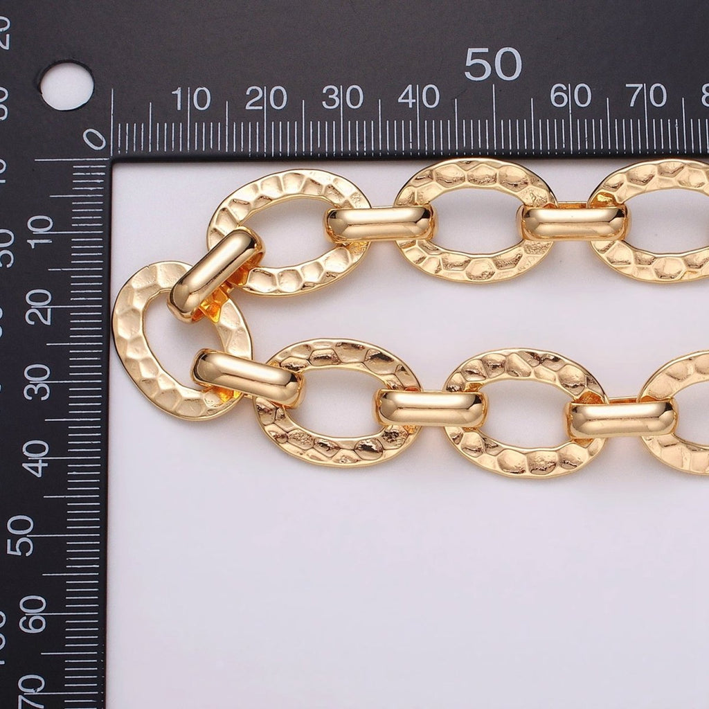 16K Gold plated Hammered Oval Cable Chain Chain, Silver Unique Chain by Yard for Jewelry Making Supply | ROLL-1257 1258 Clearance Pricing - DLUXCA