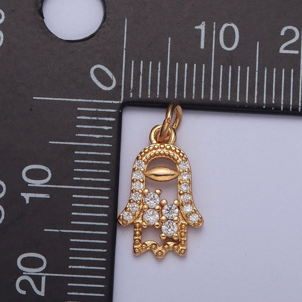 16K Gold plated Hamsa Hand Beaded Micro Paved Cubic Zirconia Protection Charm | X-240 - DLUXCA