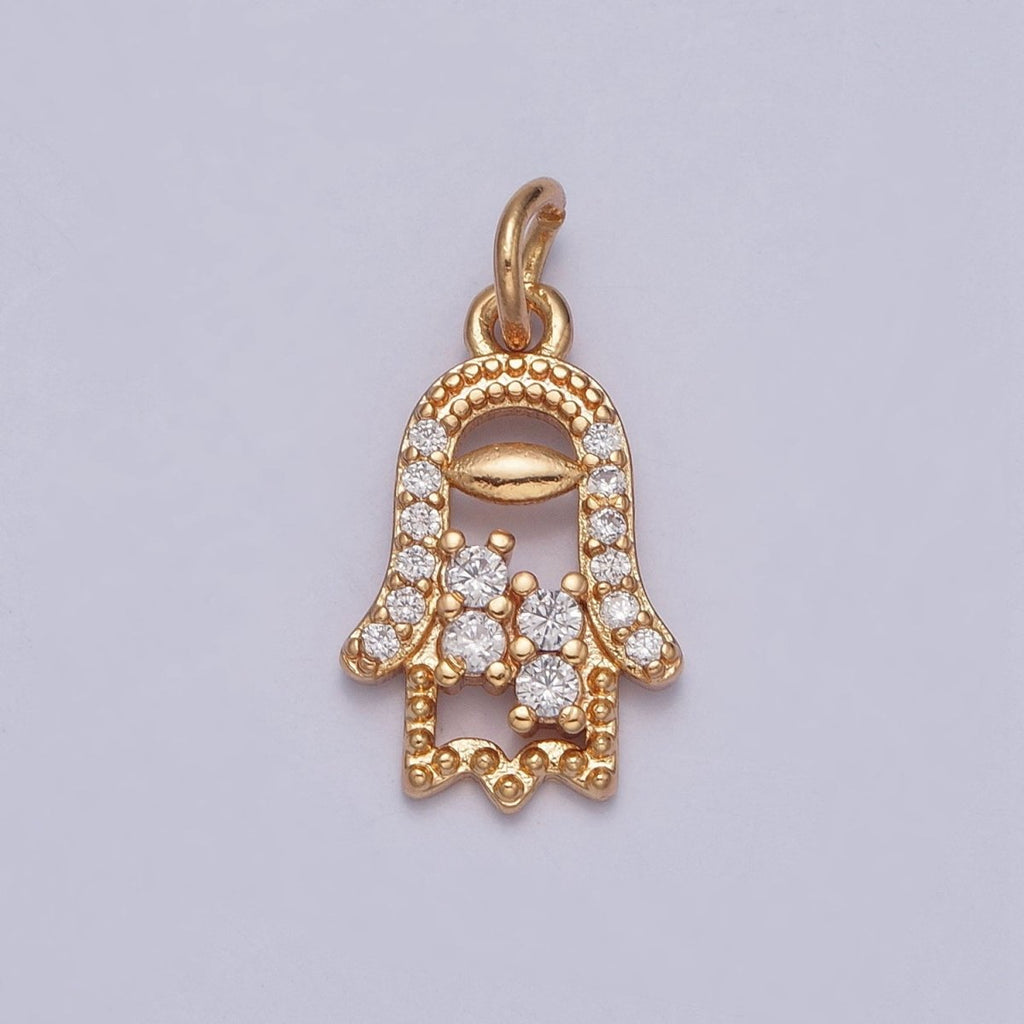 16K Gold plated Hamsa Hand Beaded Micro Paved Cubic Zirconia Protection Charm | X-240 - DLUXCA