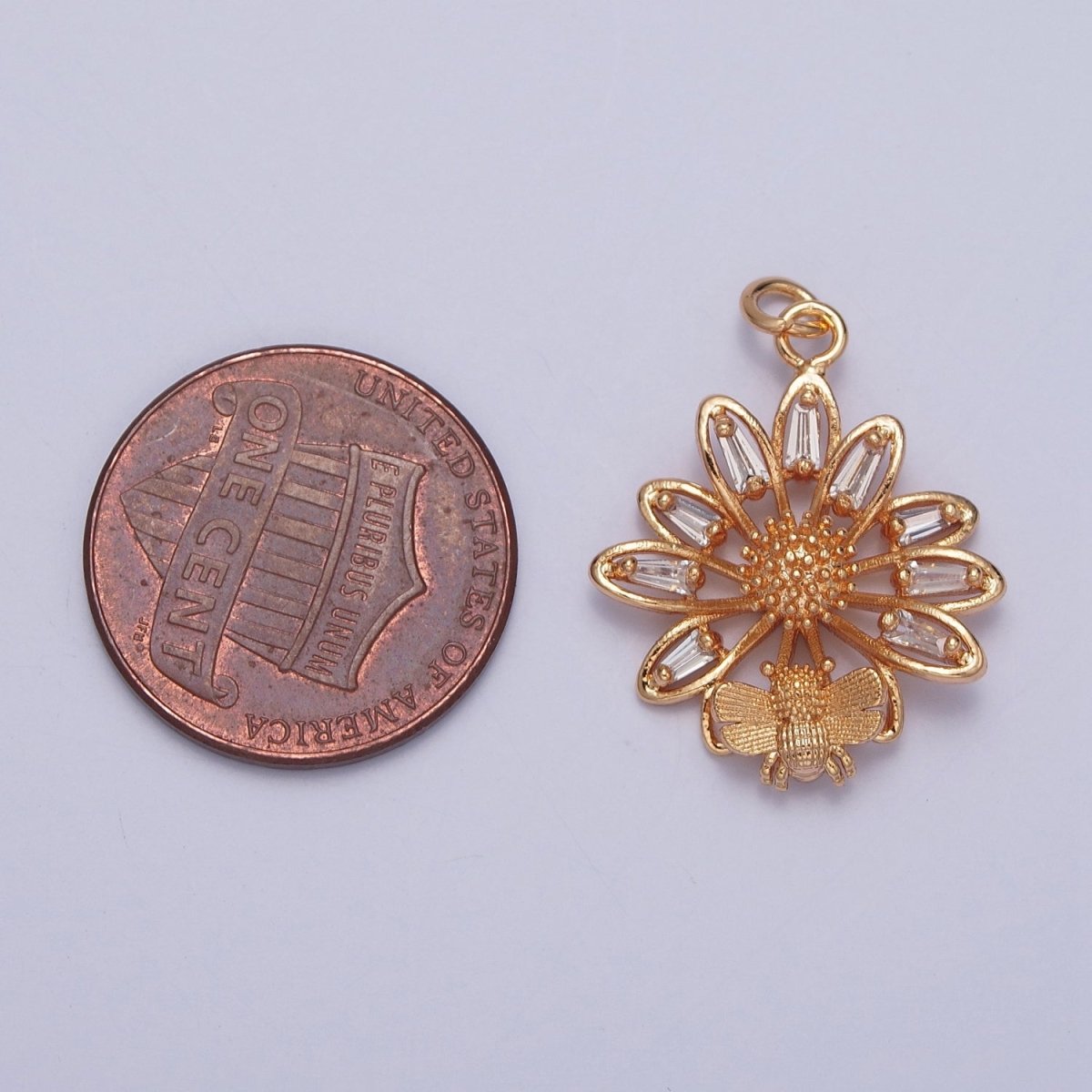 16K Gold plated Honey Bee & Flower Baguette CZ Petal Charm For Spring Garden Jewelry | X-220 - DLUXCA