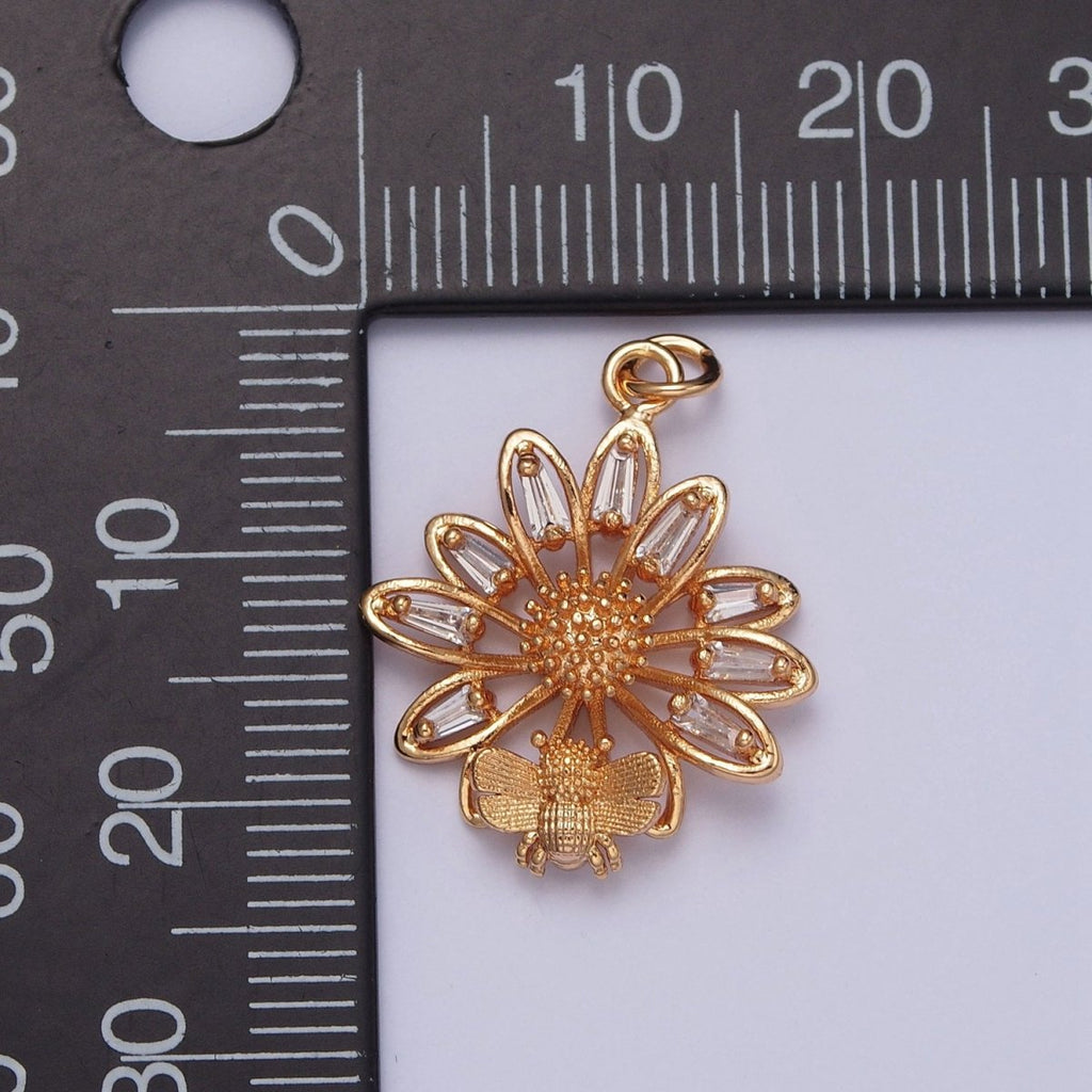16K Gold plated Honey Bee & Flower Baguette CZ Petal Charm For Spring Garden Jewelry | X-220 - DLUXCA