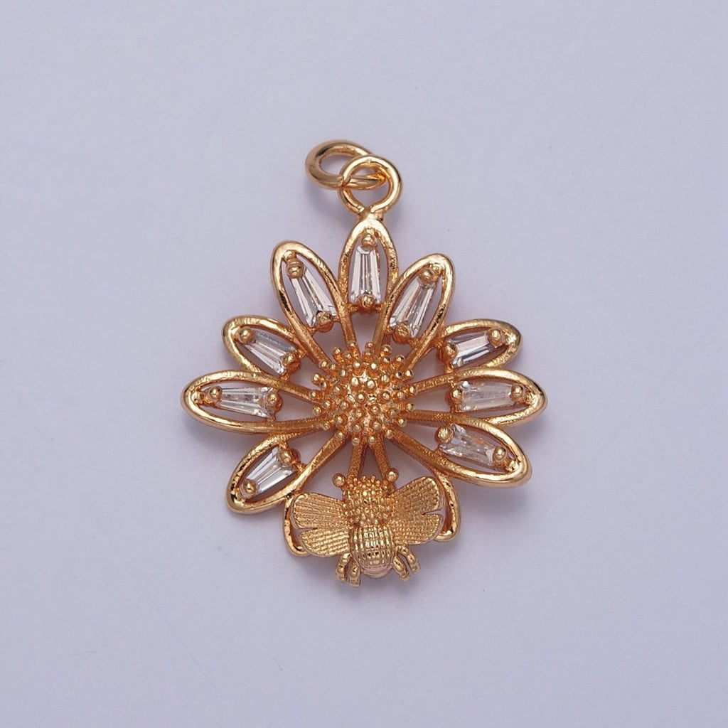 16K Gold plated Honey Bee & Flower Baguette CZ Petal Charm For Spring Garden Jewelry | X-220 - DLUXCA