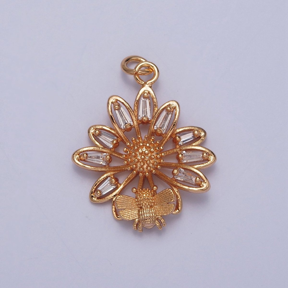 16K Gold plated Honey Bee & Flower Baguette CZ Petal Charm For Spring Garden Jewelry | X-220 - DLUXCA