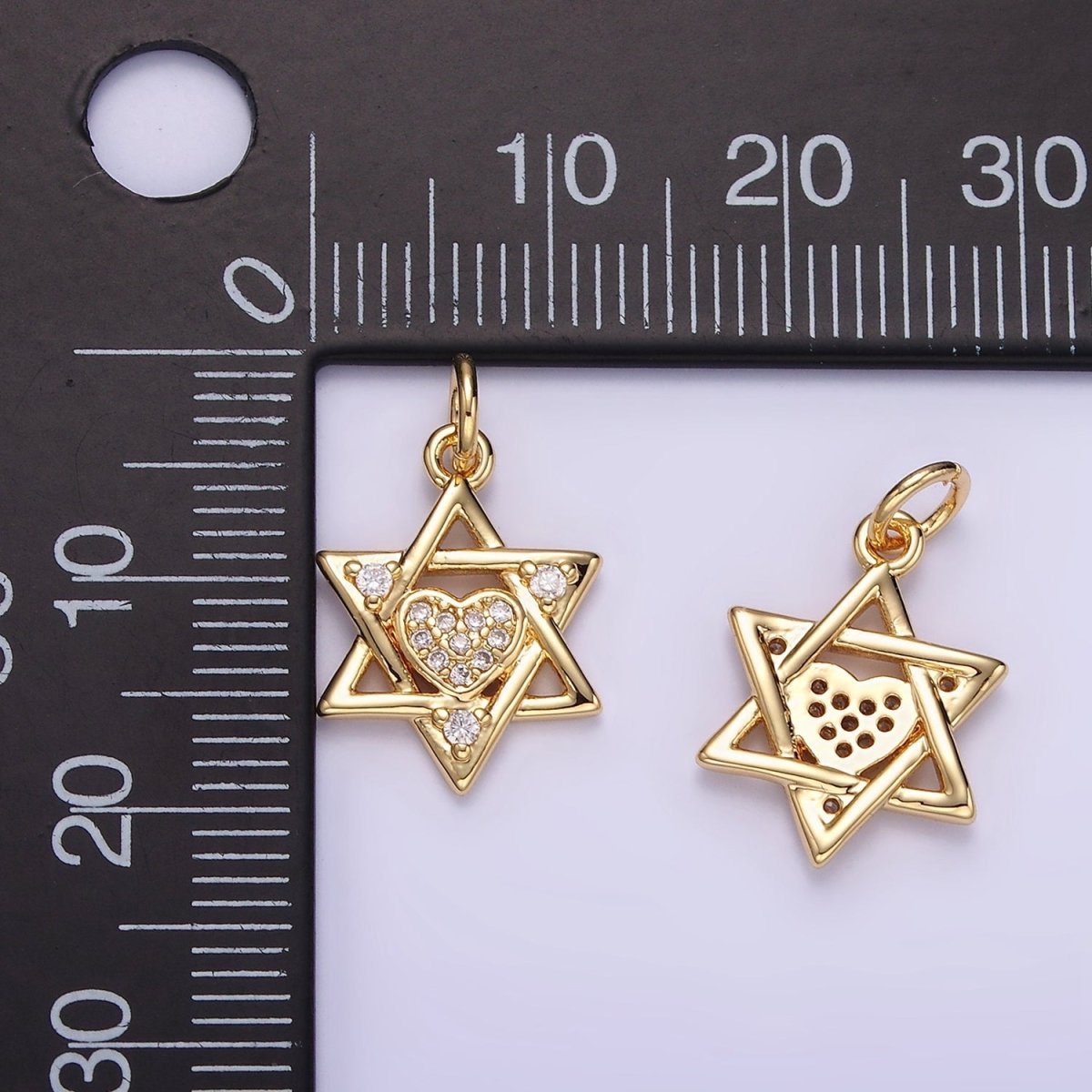 16K Gold plated Jewish Star Heart Micro Paved CZ Charm | C292 - DLUXCA