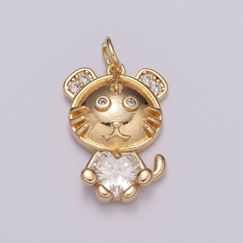 16K Gold plated Kitty Cat Clear CZ Heart Micro Paved Animal Charm | M771 - DLUXCA