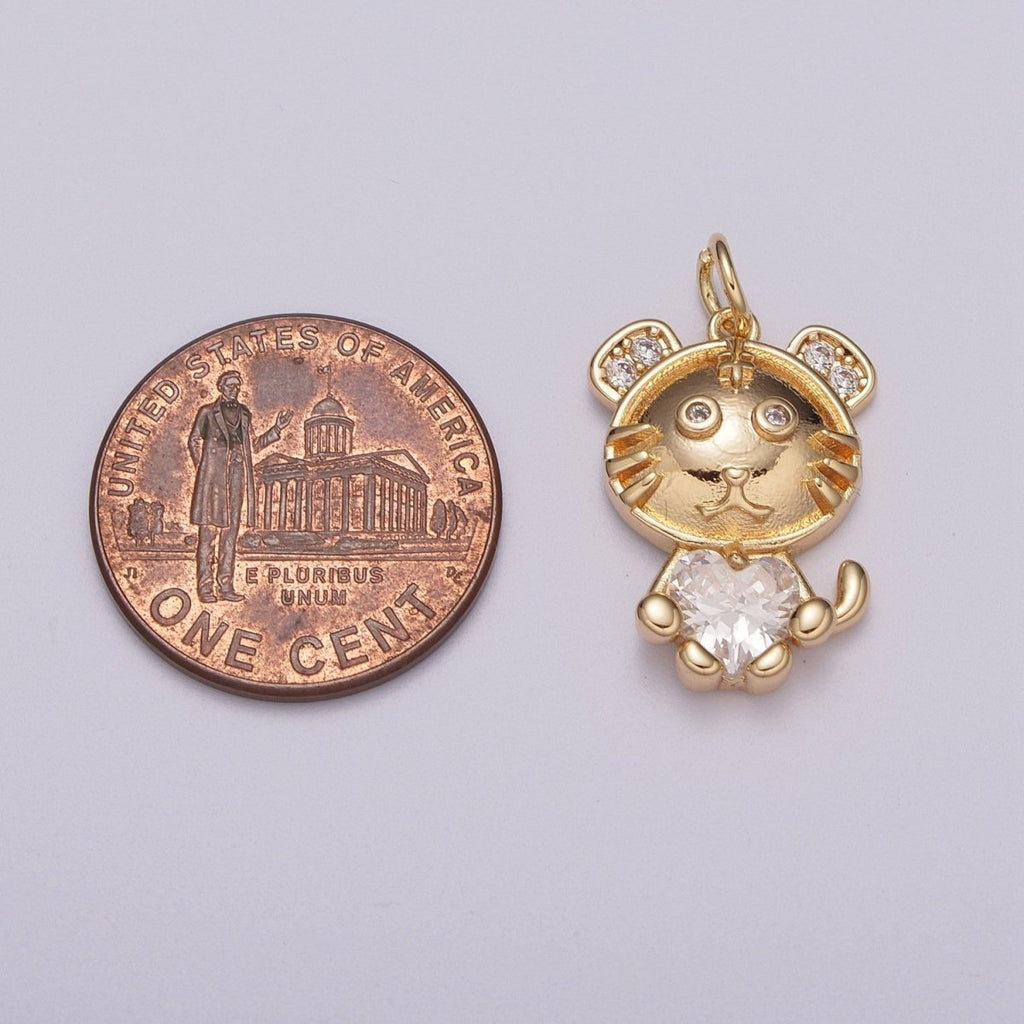 16K Gold plated Kitty Cat Clear CZ Heart Micro Paved Animal Charm | M771 - DLUXCA