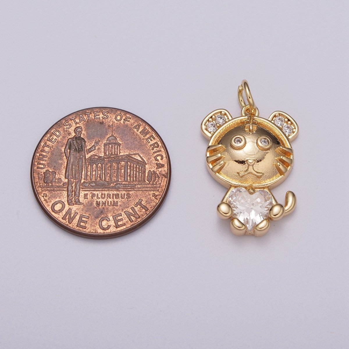 16K Gold plated Kitty Cat Clear CZ Heart Micro Paved Animal Charm | M771 - DLUXCA