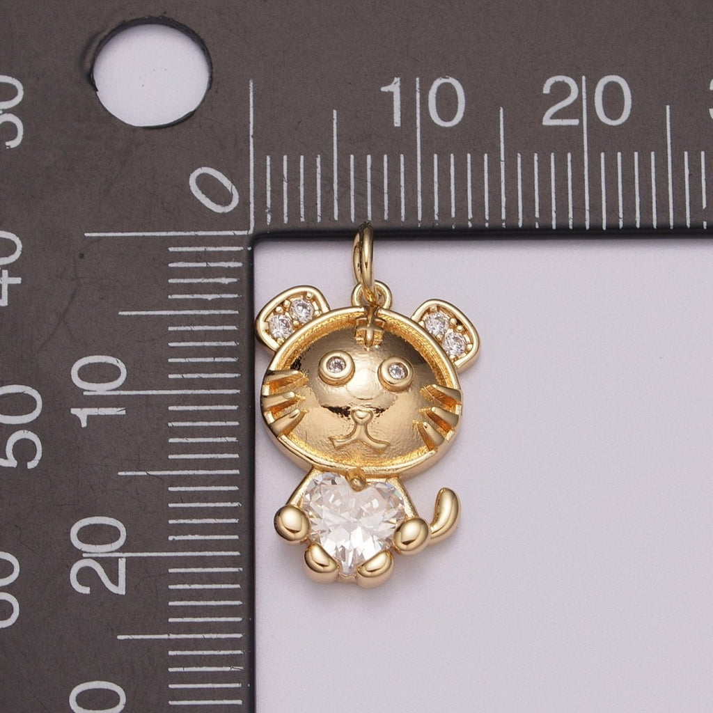 16K Gold plated Kitty Cat Clear CZ Heart Micro Paved Animal Charm | M771 - DLUXCA