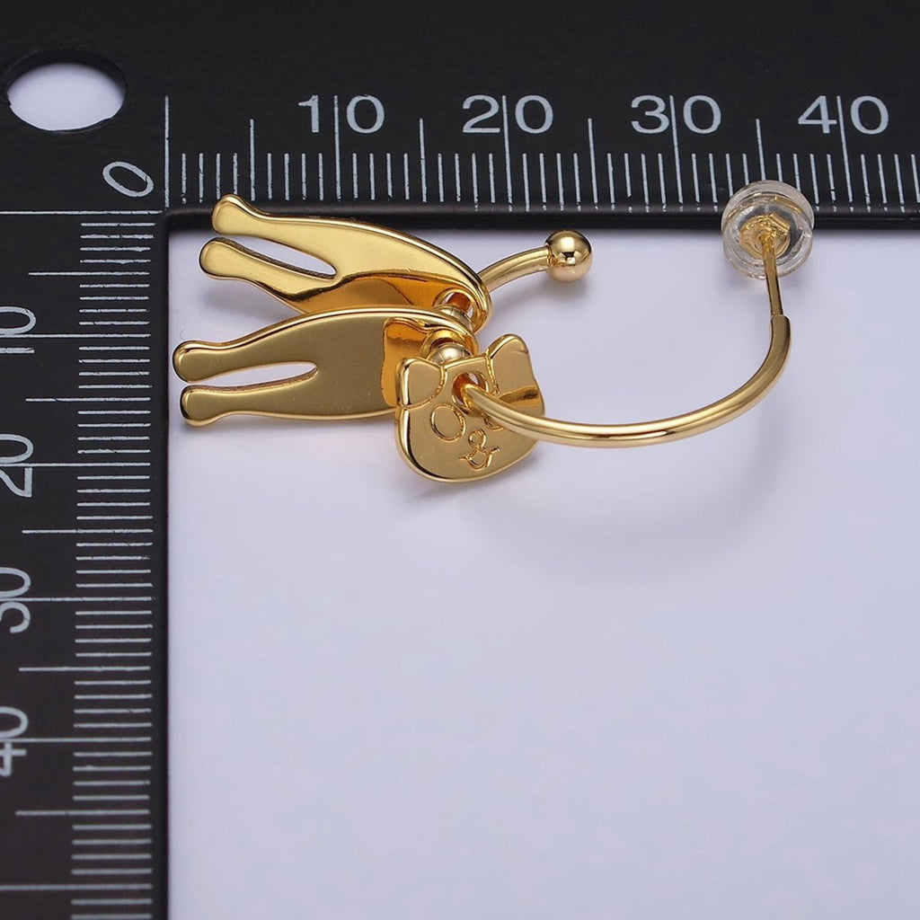 16K Gold plated Kitty Cat Pet Triple Silhouette Dangle Drop C-Shaped Hoop Earrings in Gold & Silver | Y-781 Y-782 - DLUXCA