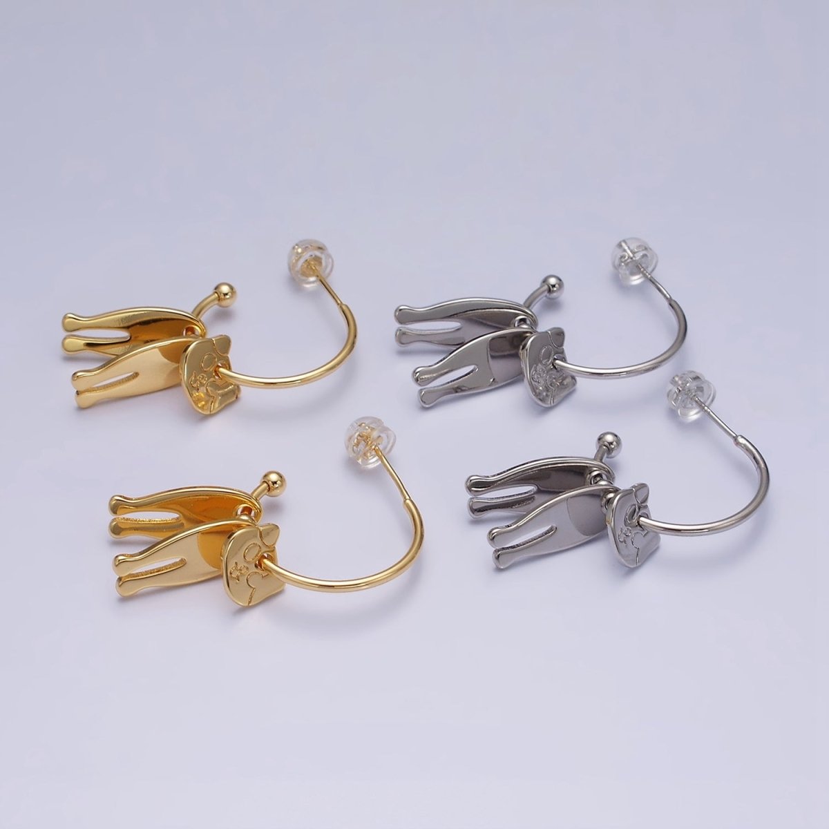 16K Gold plated Kitty Cat Pet Triple Silhouette Dangle Drop C-Shaped Hoop Earrings in Gold & Silver | Y-781 Y-782 - DLUXCA