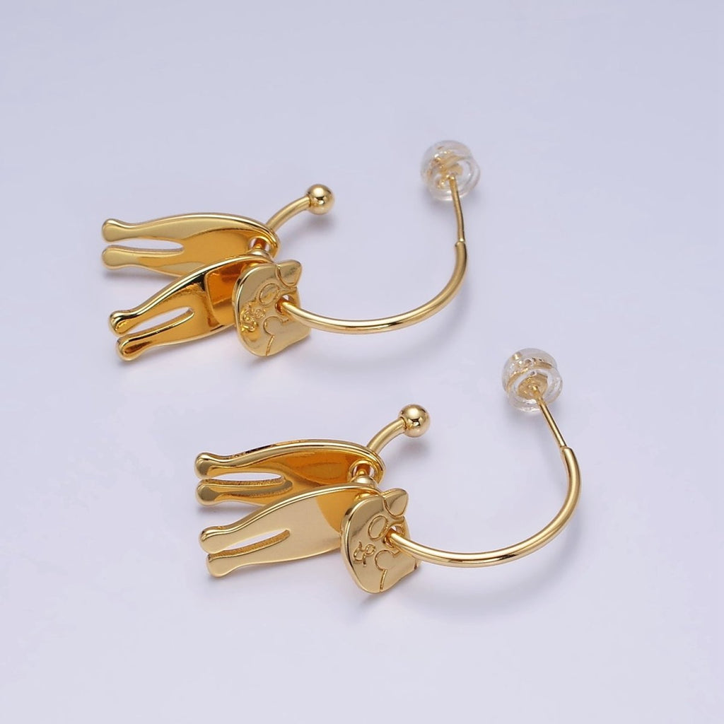 16K Gold plated Kitty Cat Pet Triple Silhouette Dangle Drop C-Shaped Hoop Earrings in Gold & Silver | Y-781 Y-782 - DLUXCA