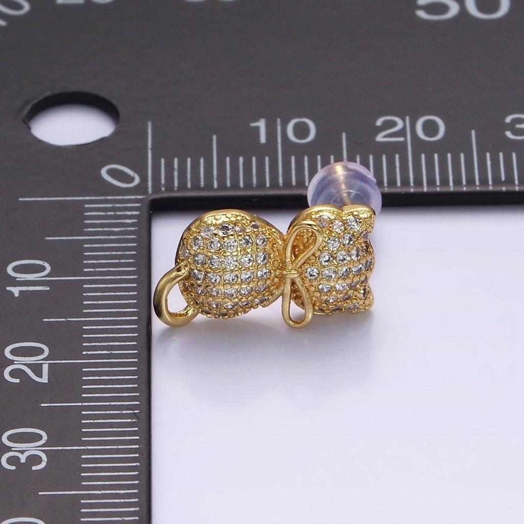 16K Gold plated Kitty Cat Silhouette Bow Ribbon Micro Paved CZ Stud Earrings | Y-892 - DLUXCA