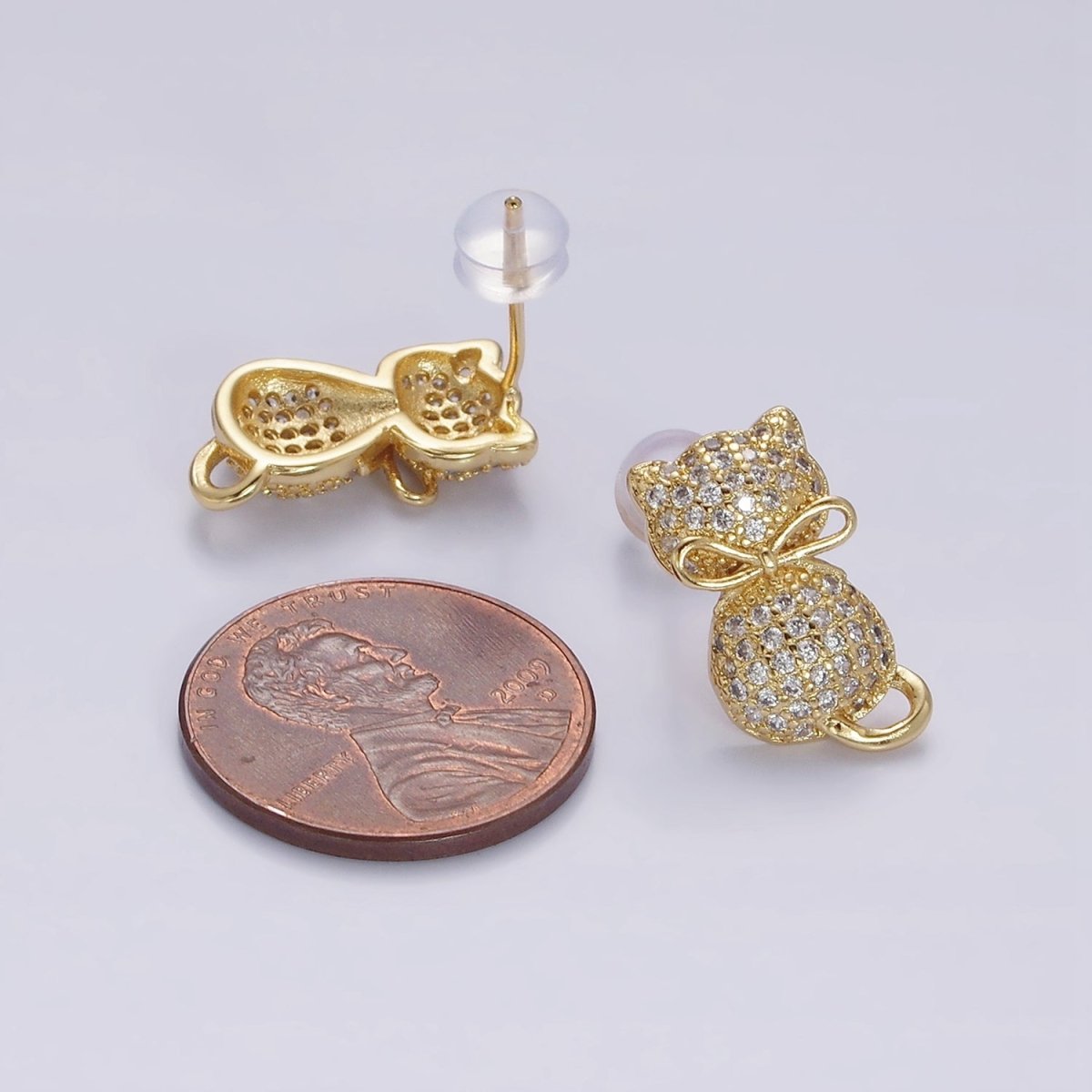 16K Gold plated Kitty Cat Silhouette Bow Ribbon Micro Paved CZ Stud Earrings | Y-892 - DLUXCA