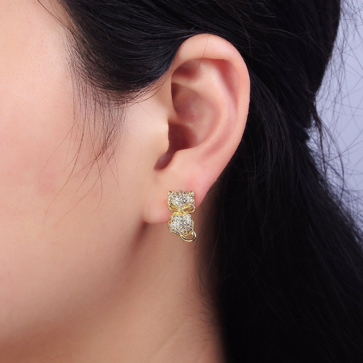 16K Gold plated Kitty Cat Silhouette Bow Ribbon Micro Paved CZ Stud Earrings | Y-892 - DLUXCA