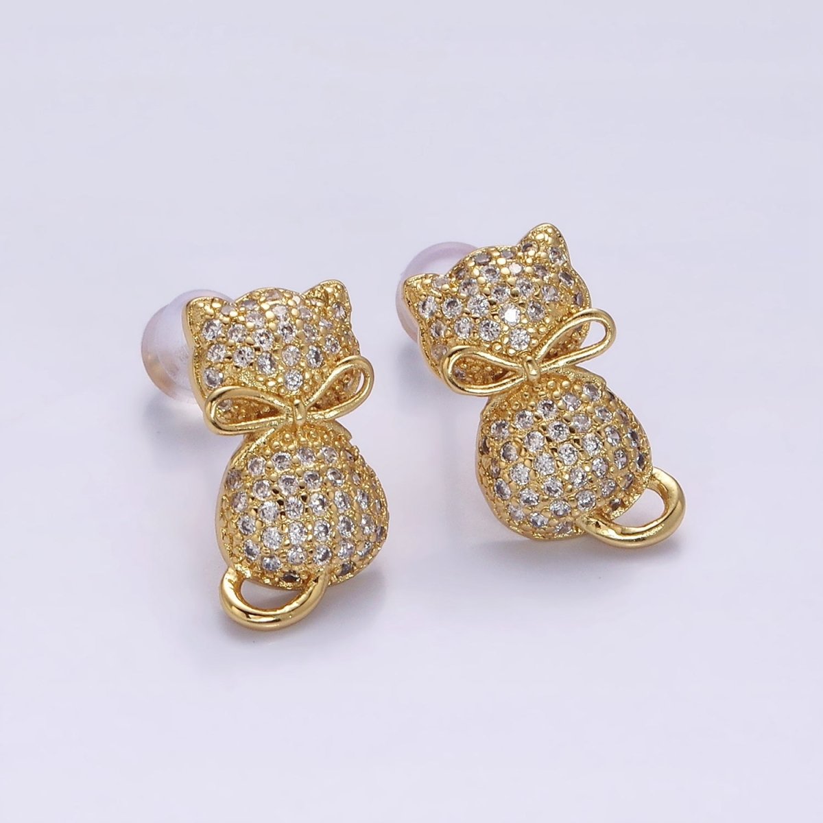 16K Gold plated Kitty Cat Silhouette Bow Ribbon Micro Paved CZ Stud Earrings | Y-892 - DLUXCA