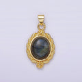 16K Gold plated Labradorite Cabochon Rose Flower Leaf Outline Oval Pendant | N1782 - DLUXCA
