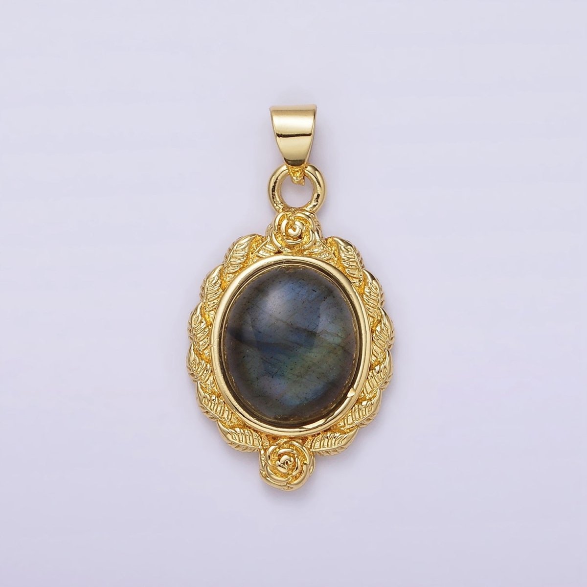 16K Gold plated Labradorite Cabochon Rose Flower Leaf Outline Oval Pendant | N1782 - DLUXCA