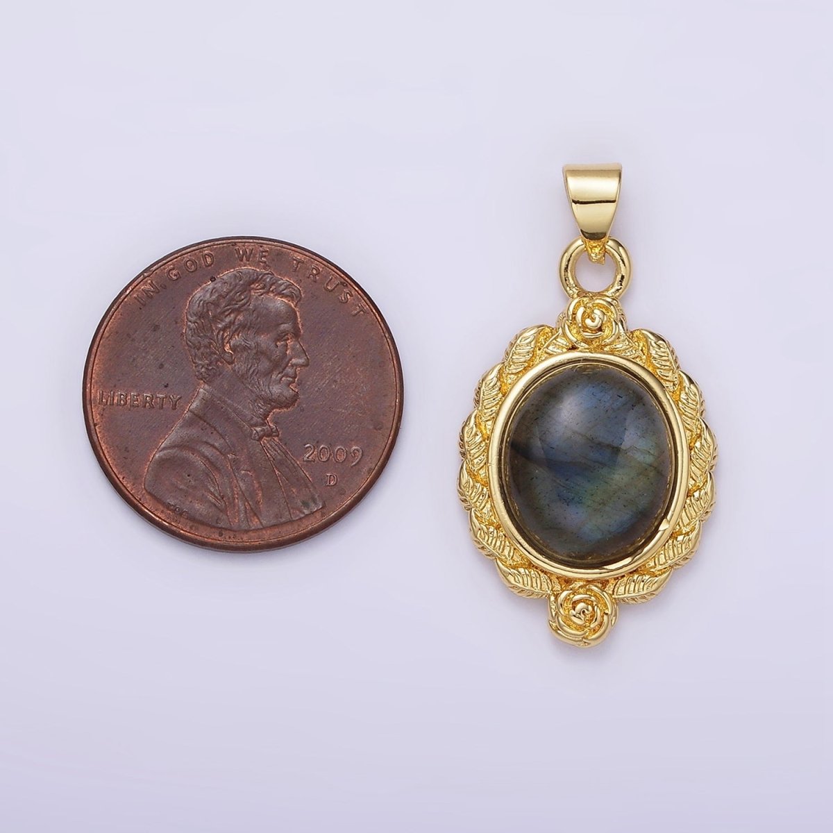 16K Gold plated Labradorite Cabochon Rose Flower Leaf Outline Oval Pendant | N1782 - DLUXCA