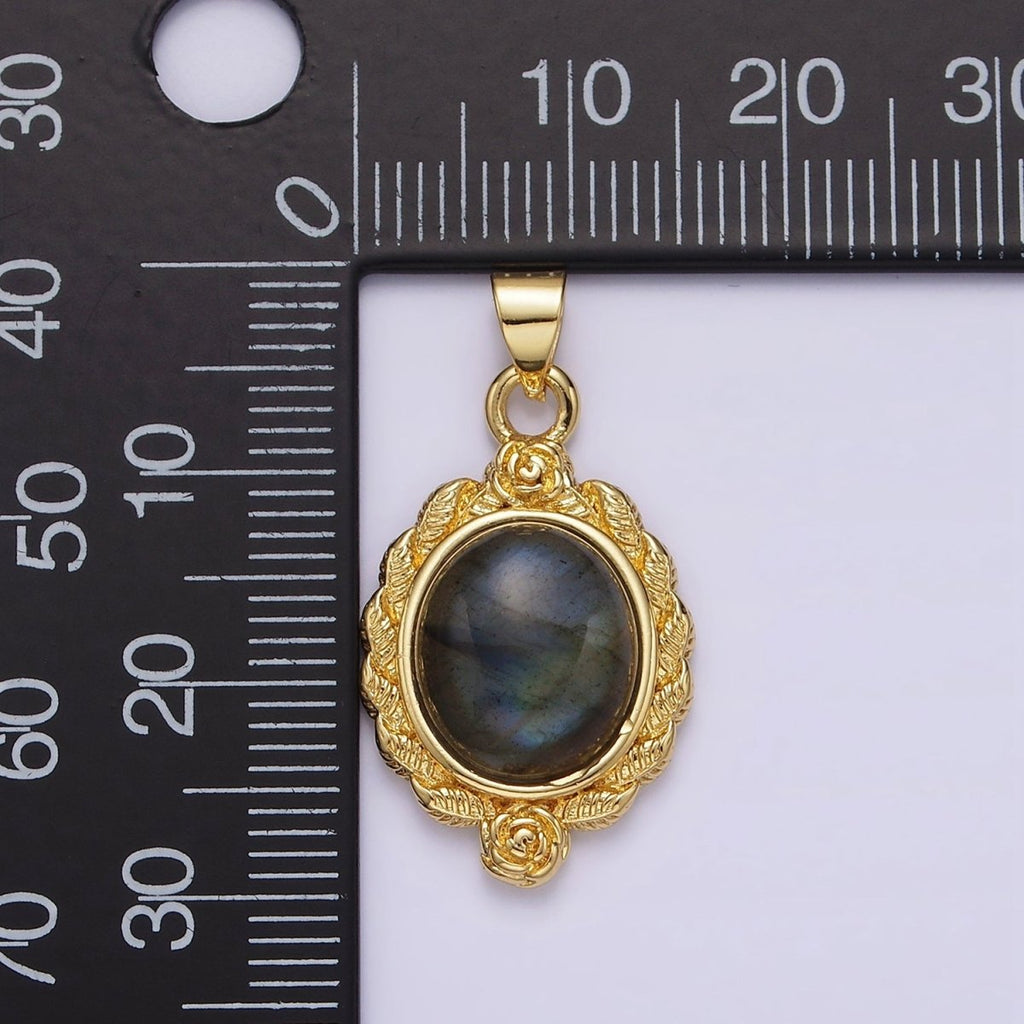 16K Gold plated Labradorite Cabochon Rose Flower Leaf Outline Oval Pendant | N1782 - DLUXCA