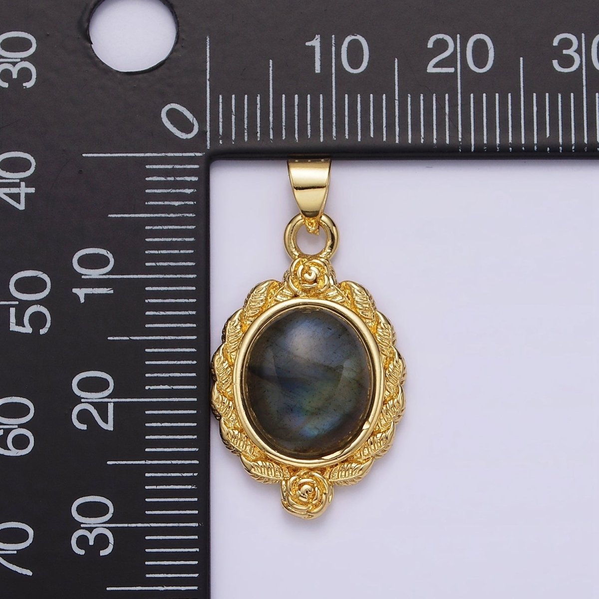 16K Gold plated Labradorite Cabochon Rose Flower Leaf Outline Oval Pendant | N1782 - DLUXCA
