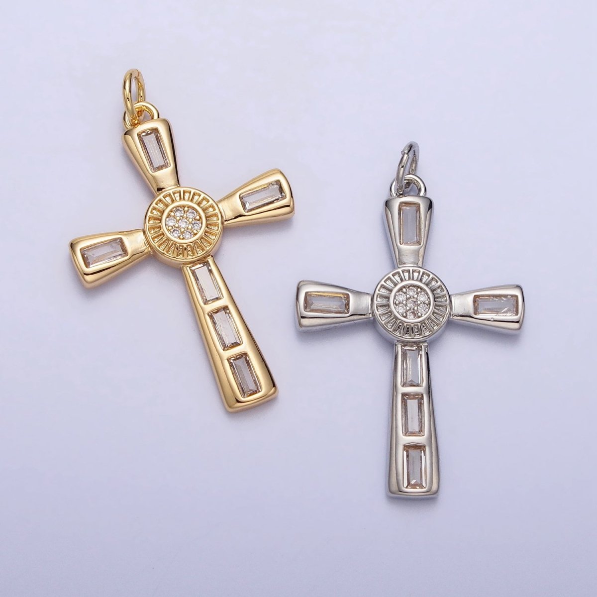 16K Gold plated Latin Cross Clear Baguette CZ Religious Charm in Gold & Silver | AC230 AC231