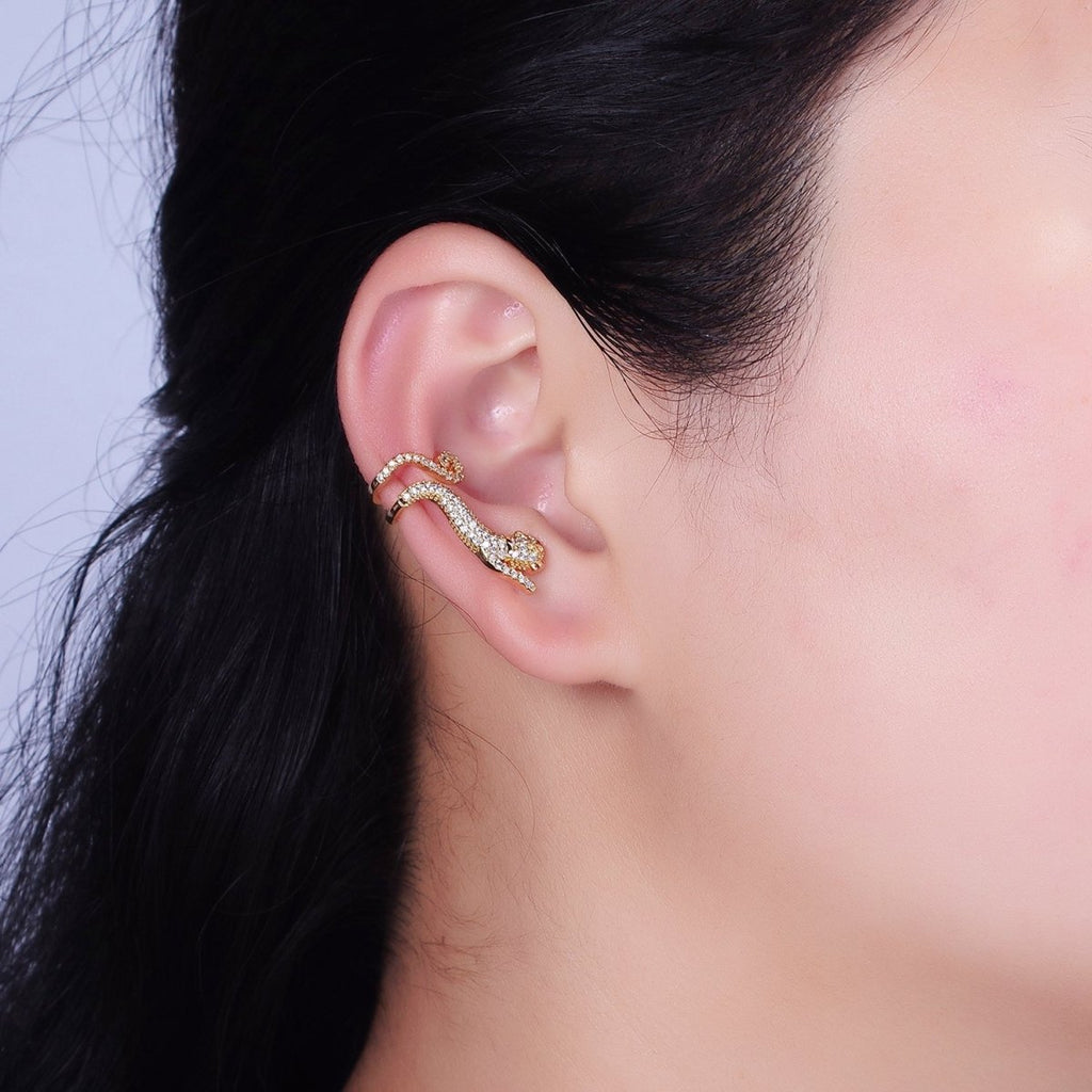 16K Gold plated Leaping Panther Leopard Animal Micro Paved CZ Ear Cuff Earrings in Gold & Silver | AI-019 AI-020