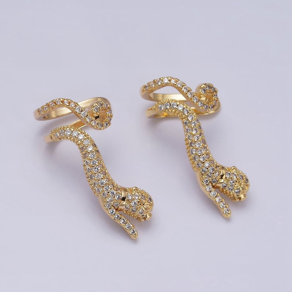 16K Gold plated Leaping Panther Leopard Animal Micro Paved CZ Ear Cuff Earrings in Gold & Silver | AI-019 AI-020