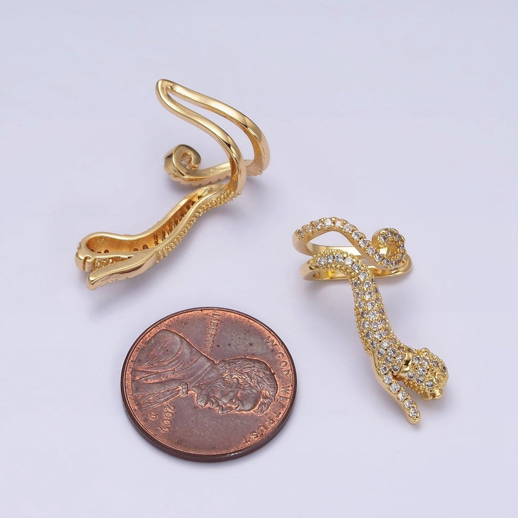 16K Gold plated Leaping Panther Leopard Animal Micro Paved CZ Ear Cuff Earrings in Gold & Silver | AI-019 AI-020