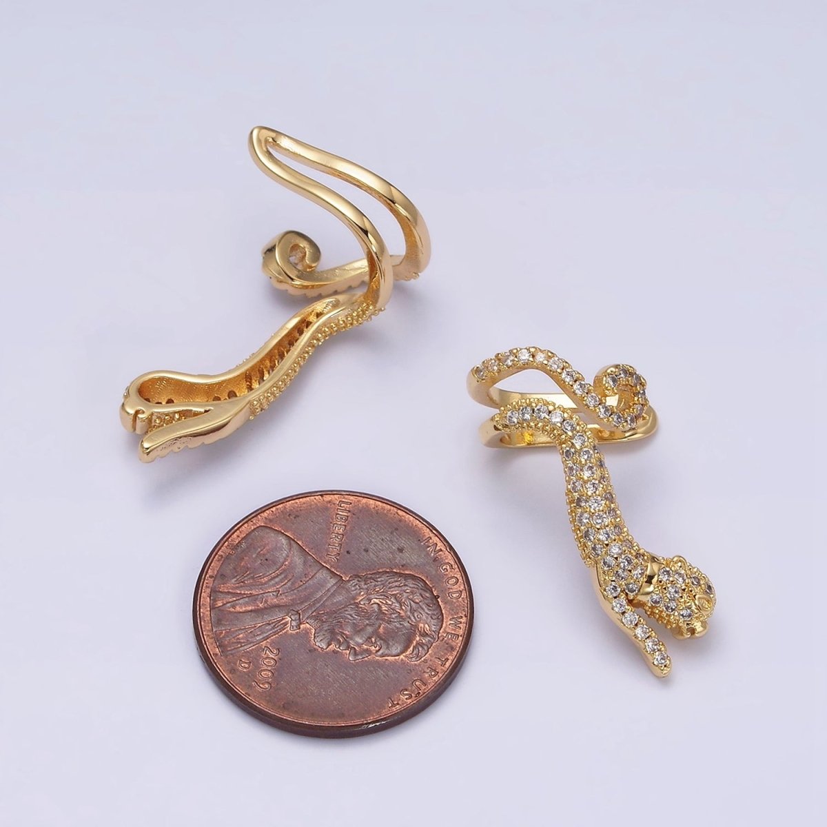 16K Gold plated Leaping Panther Leopard Animal Micro Paved CZ Ear Cuff Earrings in Gold & Silver | AI-019 AI-020