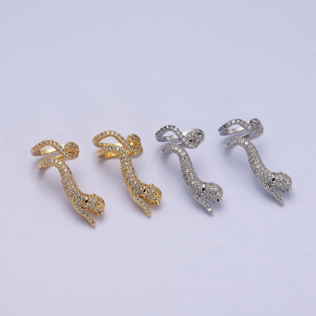 16K Gold plated Leaping Panther Leopard Animal Micro Paved CZ Ear Cuff Earrings in Gold & Silver | AI-019 AI-020