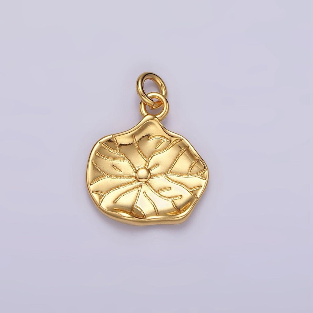 16K Gold plated Lily Pad Leaf Nature Hammered Round Charm | AC852 - DLUXCA