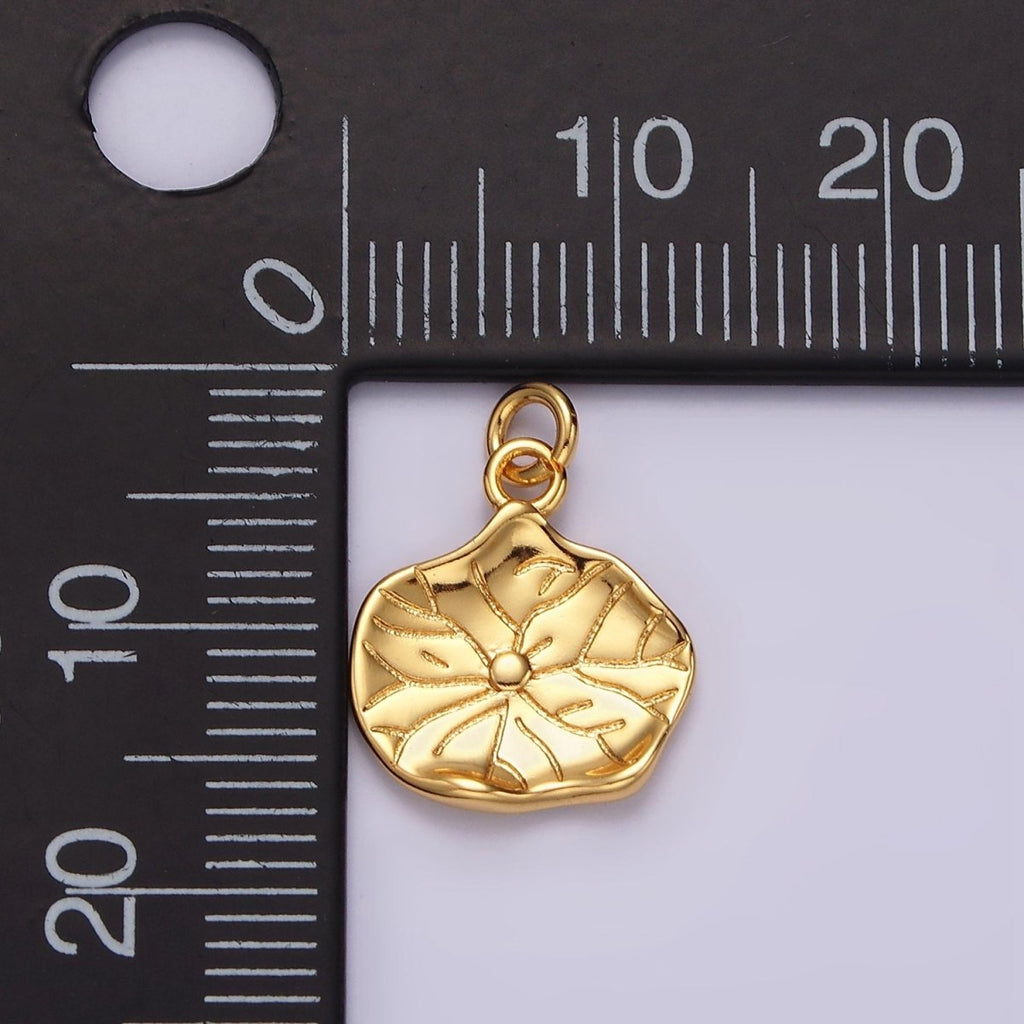 16K Gold plated Lily Pad Leaf Nature Hammered Round Charm | AC852 - DLUXCA