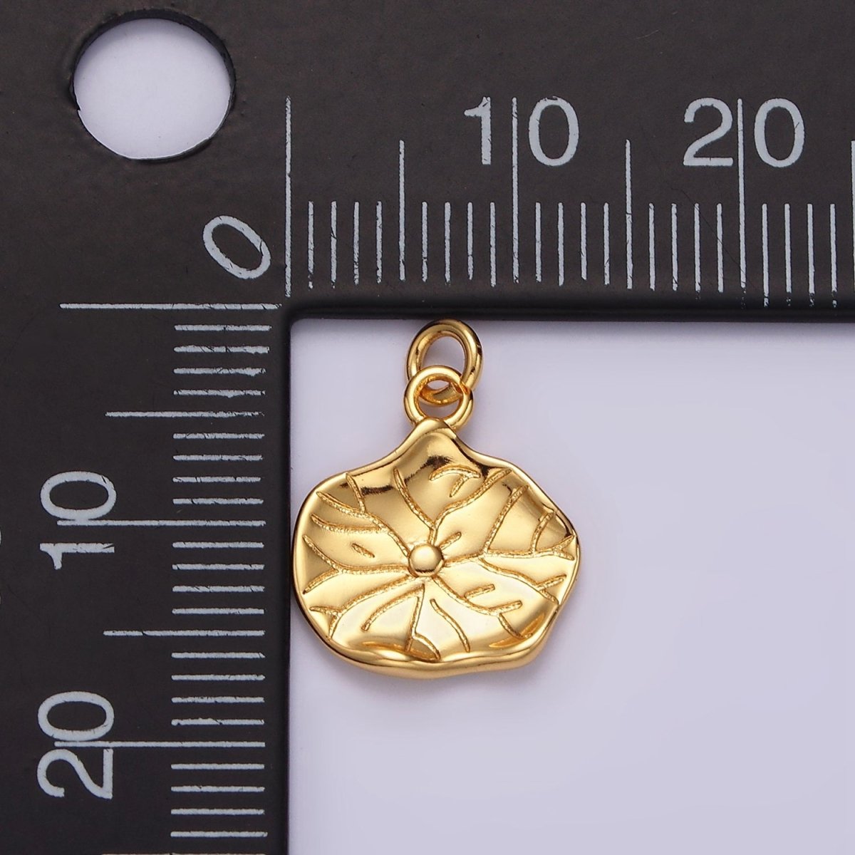 16K Gold plated Lily Pad Leaf Nature Hammered Round Charm | AC852 - DLUXCA