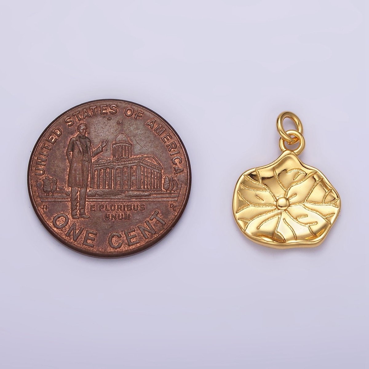 16K Gold plated Lily Pad Leaf Nature Hammered Round Charm | AC852 - DLUXCA