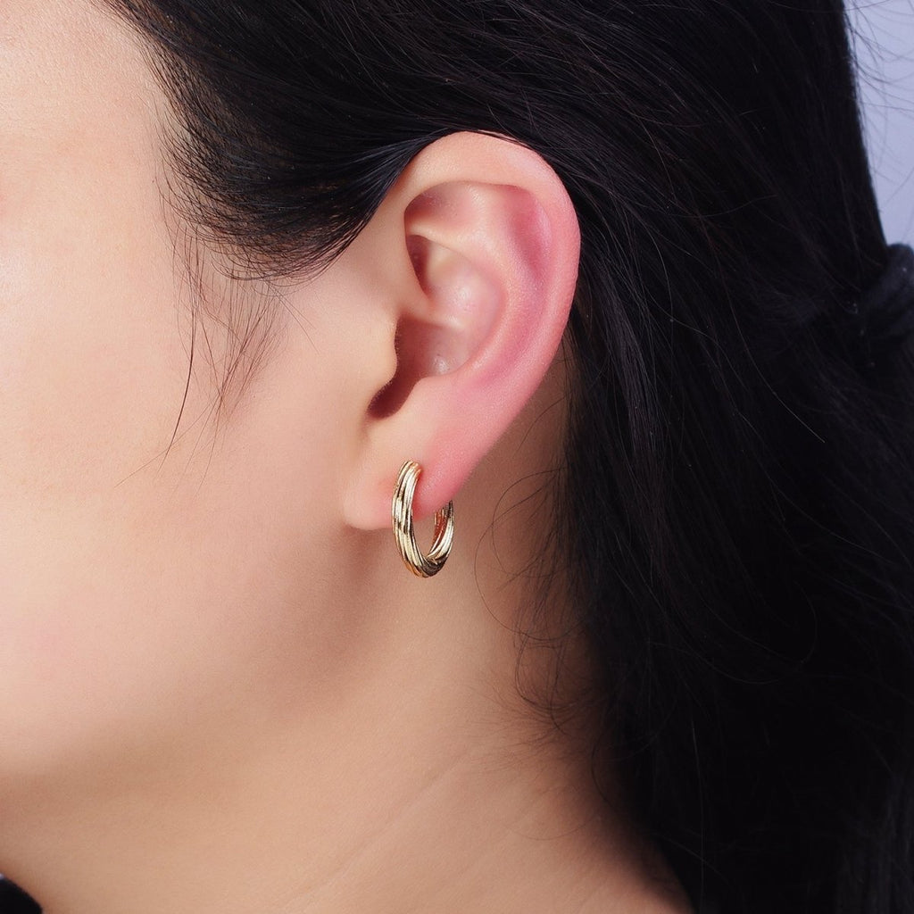 16K Gold plated Line-Textured Twisted 17mm Endless Hoop Earrings | AD1293 - DLUXCA