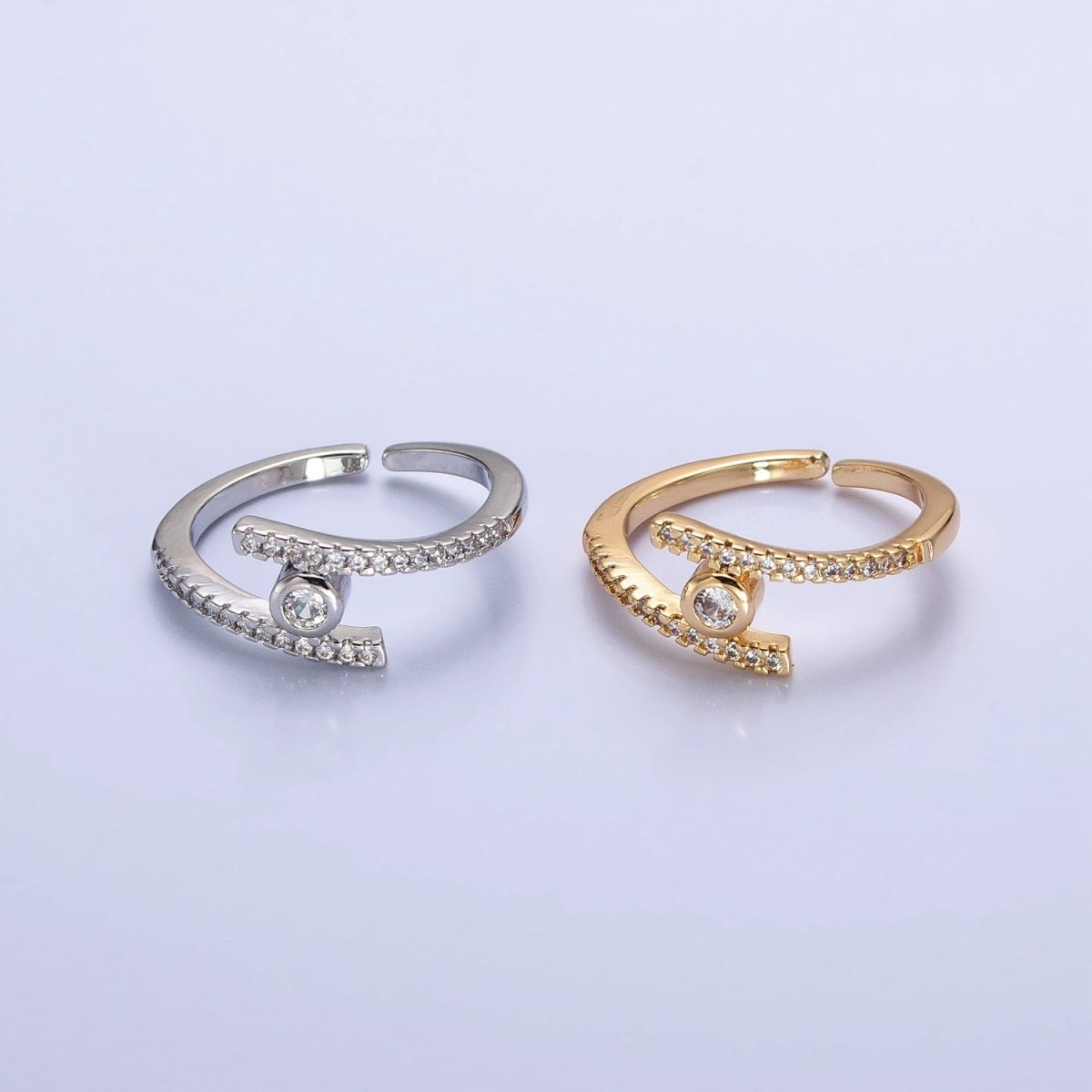 16K Gold plated Linear Double Micro Paved Band Adjustable Ring in Gold & Silver | O-1916 O-1917 - DLUXCA